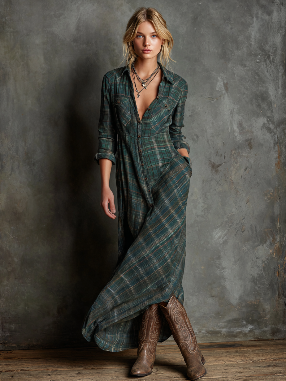 Ailene plaid shirt dress in green, full-length front view with boots
