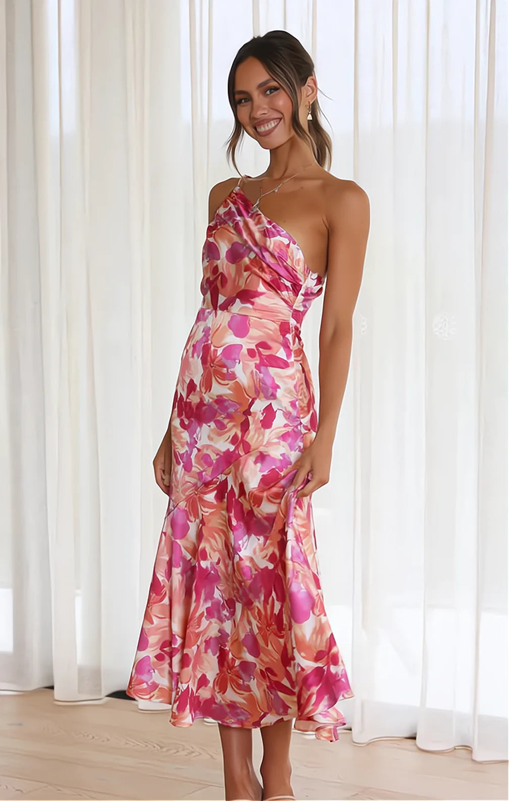 Violet floral satin dress in pink, full-length front view