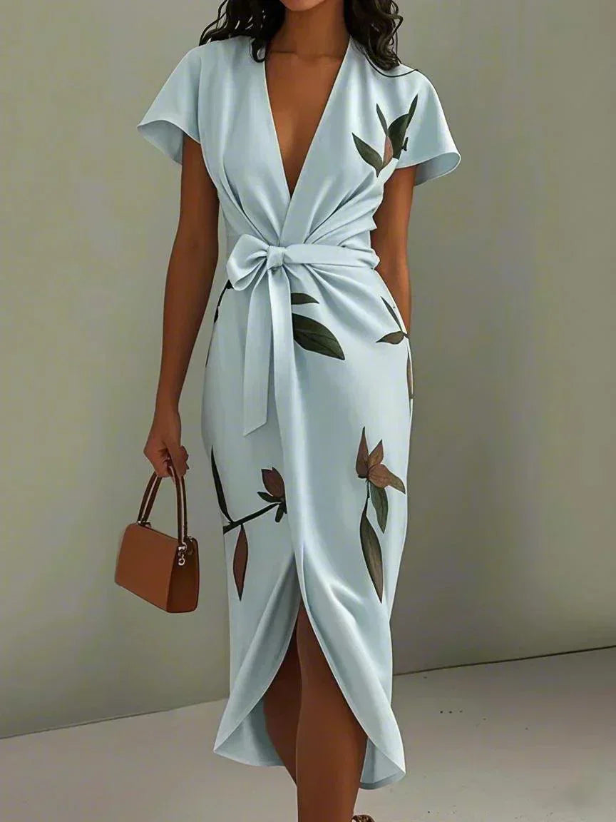 Amelia floral wrap dress in light blue, front view