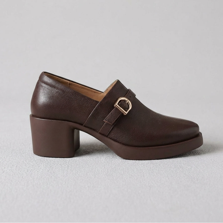 Celine block heels in brown, side profile on plain background