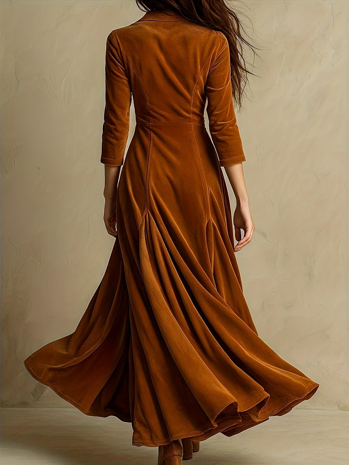 Elowenna maxi dress in caramel brown, full-length back view