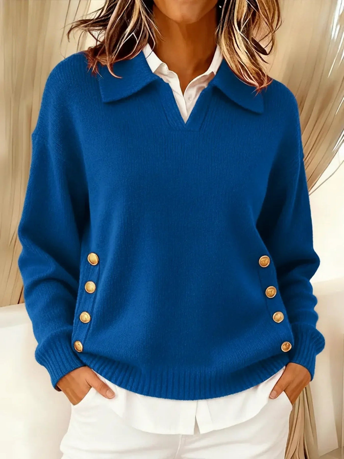 Vicenta polo-collar jumper in blue, front view with ribbed hem