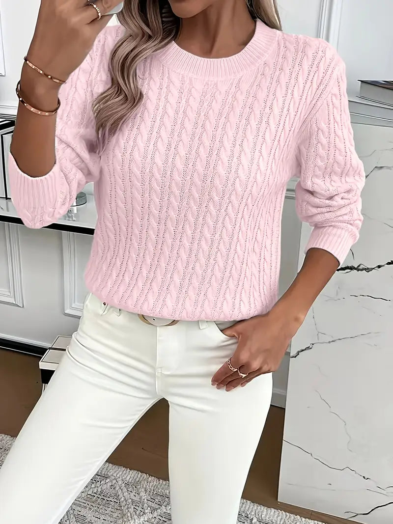 Bernila cable knit jumper in pink, close-up of cable knit and neckline