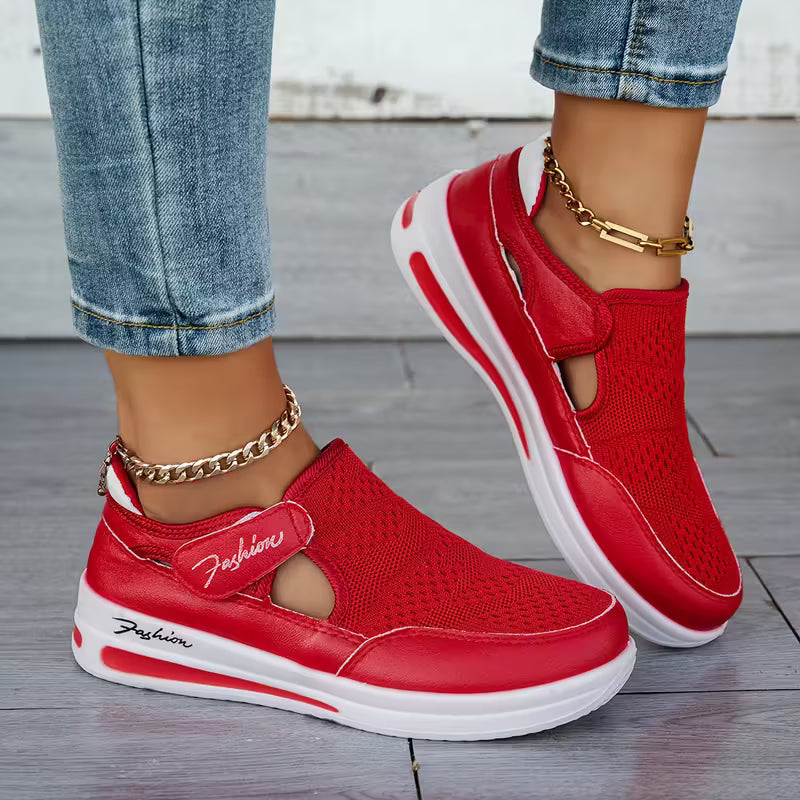 Allison cut-out mesh sneakers in red, worn side view