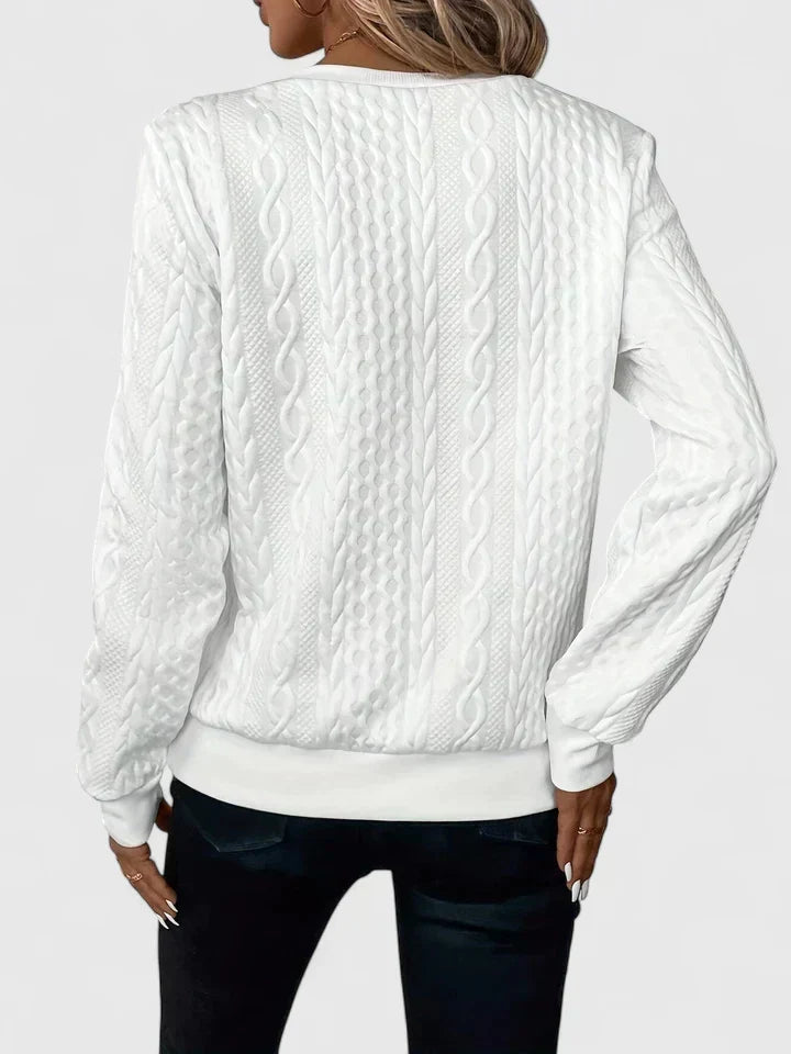 Ara textured sweater in white, back view showing cable-effect knit