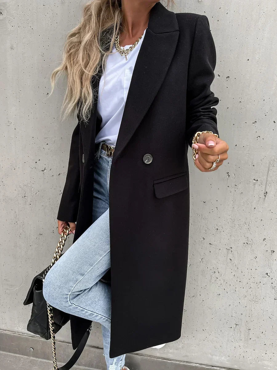 Evelyn classic lapel coat in black, long front view