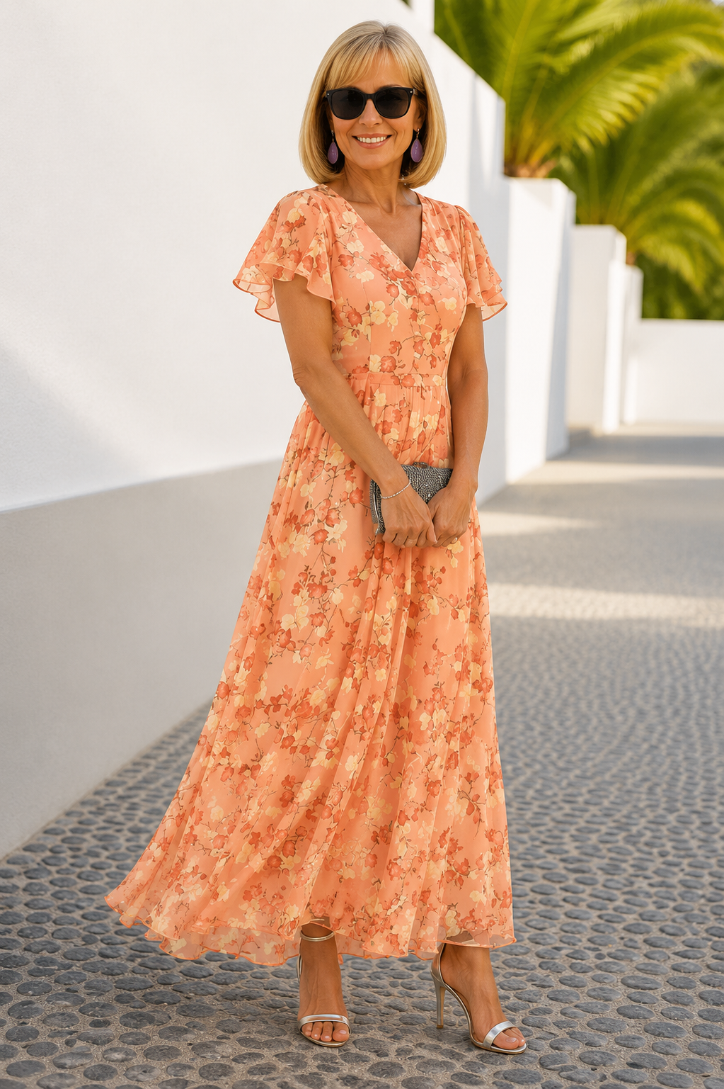 Judith floral dress in orange, full-length front view