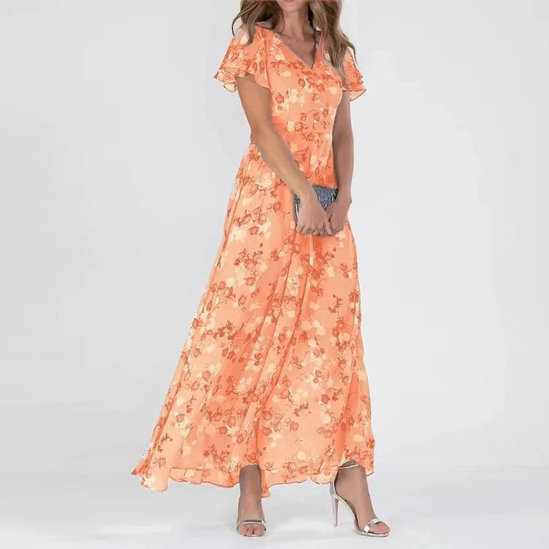 Judith floral dress in orange, studio front view