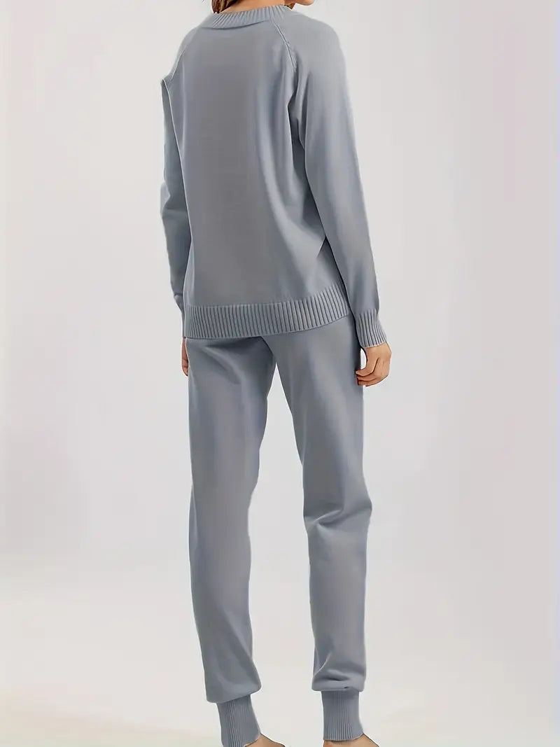 Evaris knitted two-piece set in grey blue, back view on model