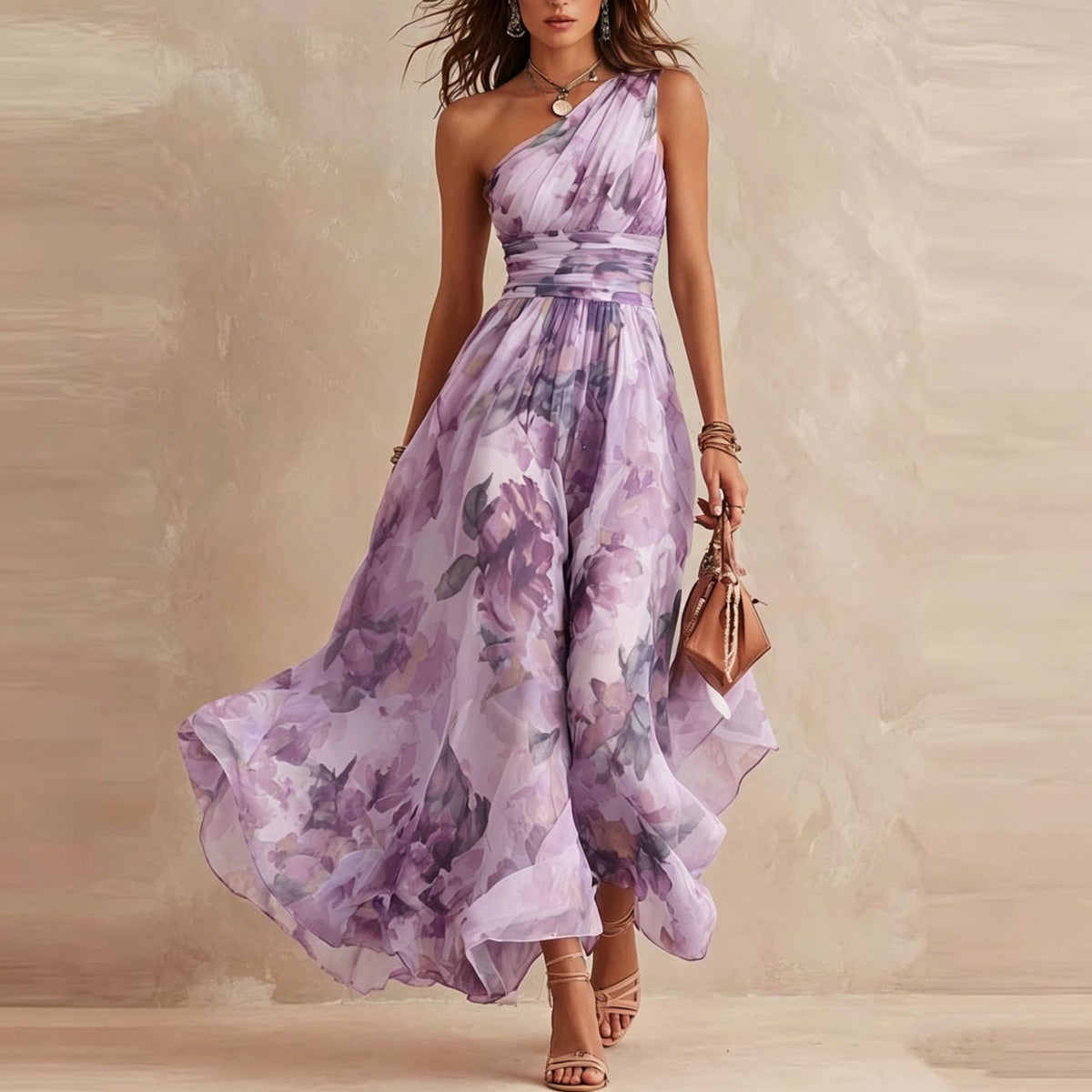 Aurora one-shoulder floral maxi dress in lavender, full-length front view