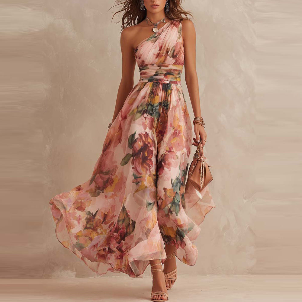 Aurora one-shoulder floral maxi dress in pink, full-length front view