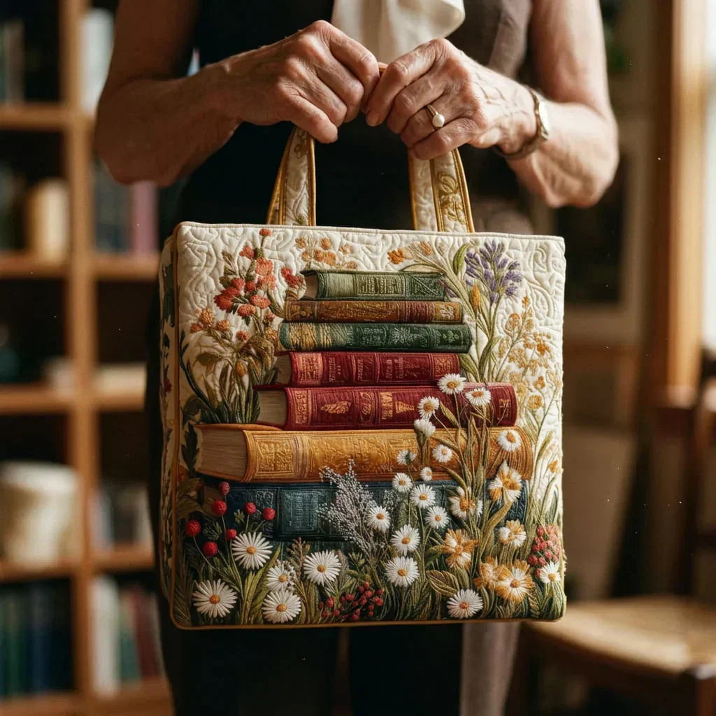 Quilted floral book tote bag held by both handles, close front view