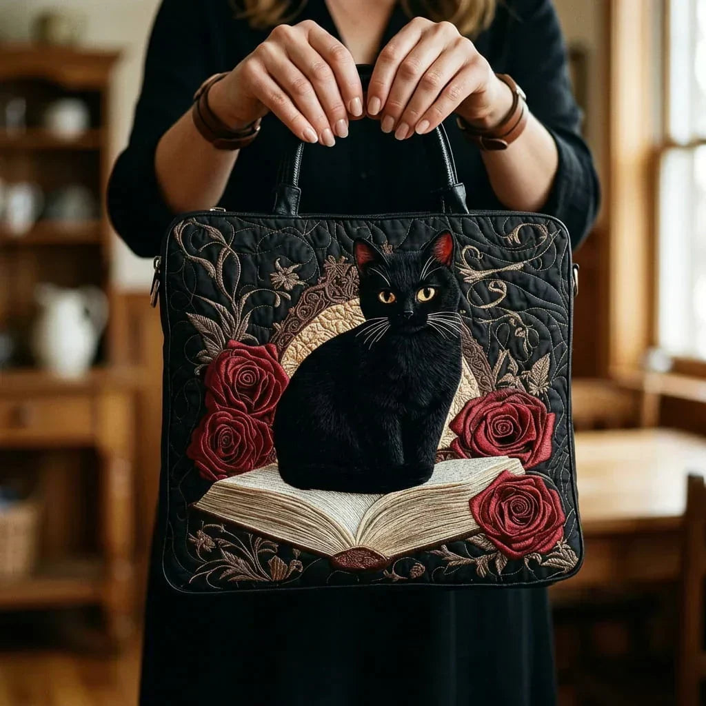Handcrafted quilted bag with cat and roses design held by both top handles