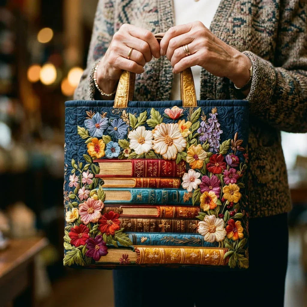 Navy books and floral tote bag held by the gold top handles