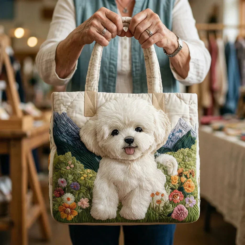 Woman holding the cream enchanted dog tote bag by both handles
