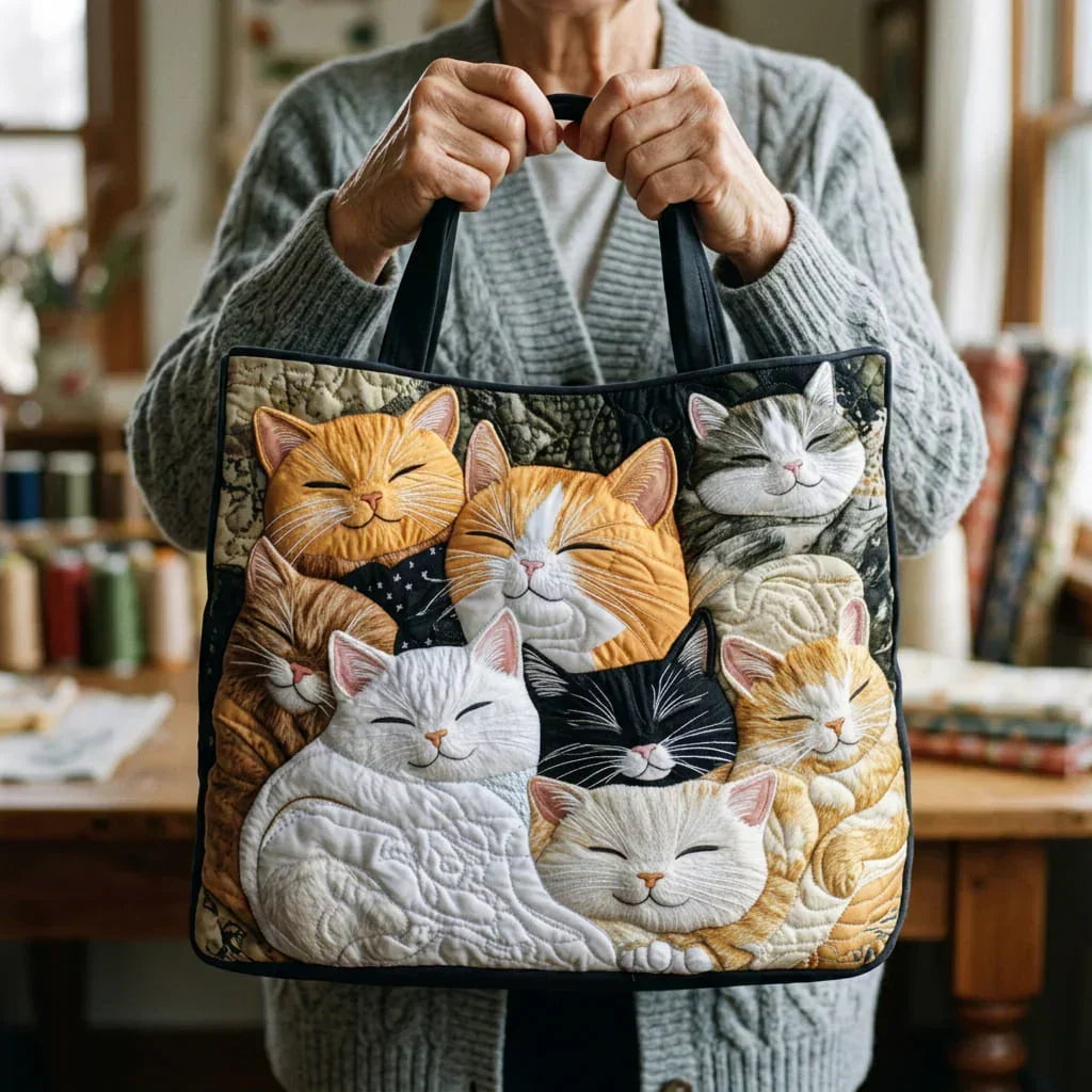 Woman holding the handcrafted sleeping kittens quilted tote bag by its black handles