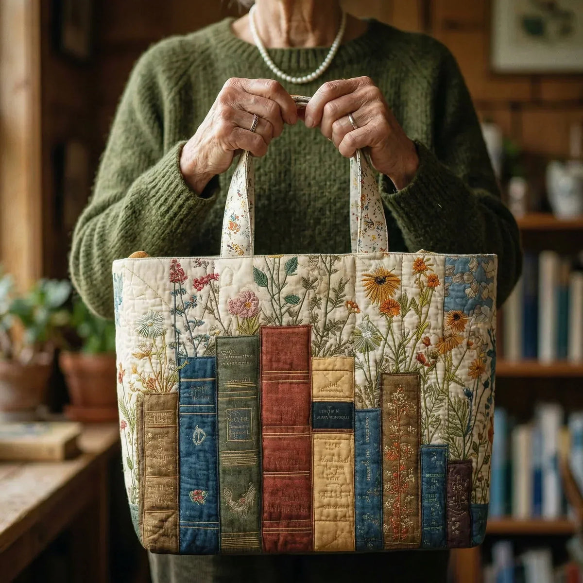 Woman holding the books and flowers tote bag by both handles indoors