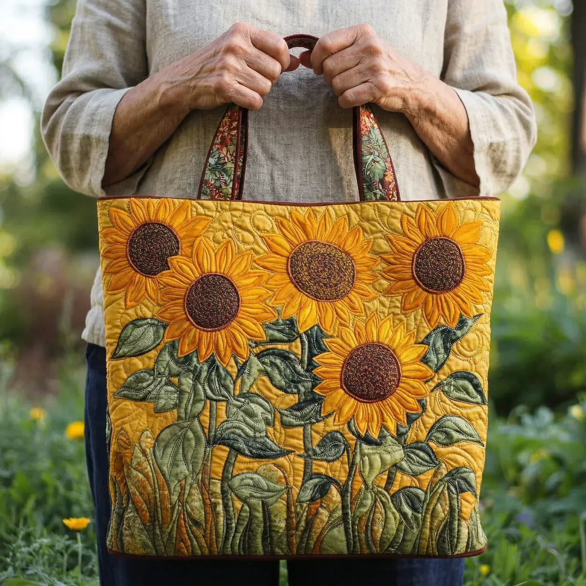 Woman holding the yellow sunflower tote bag by both handles in a garden
