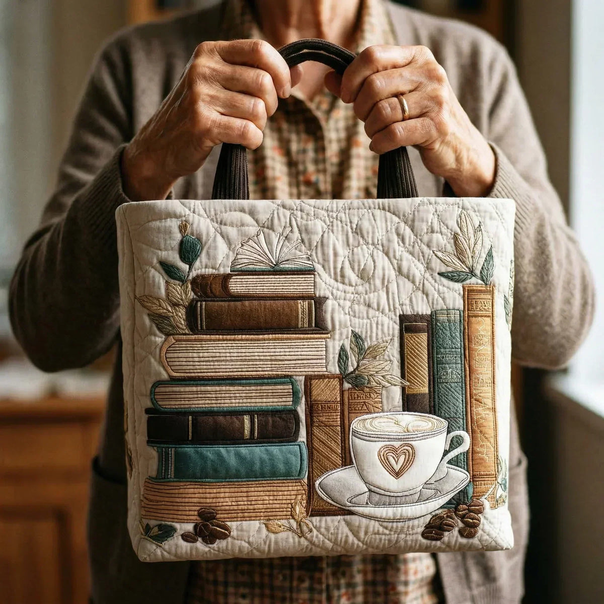 Cream Coffee Chapter tote bag held by its twisted top handles, close-up front view