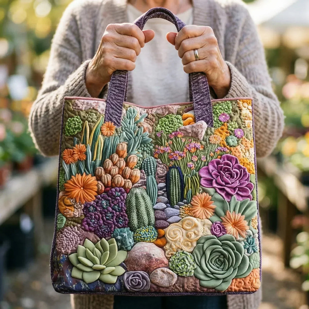 Woman holding the succulent garden tote bag by both handles, front view
