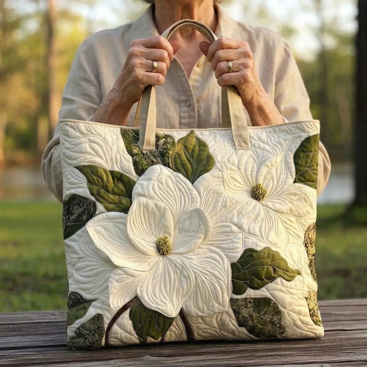 Woman holding the cream white lily tote bag by both handles, front view