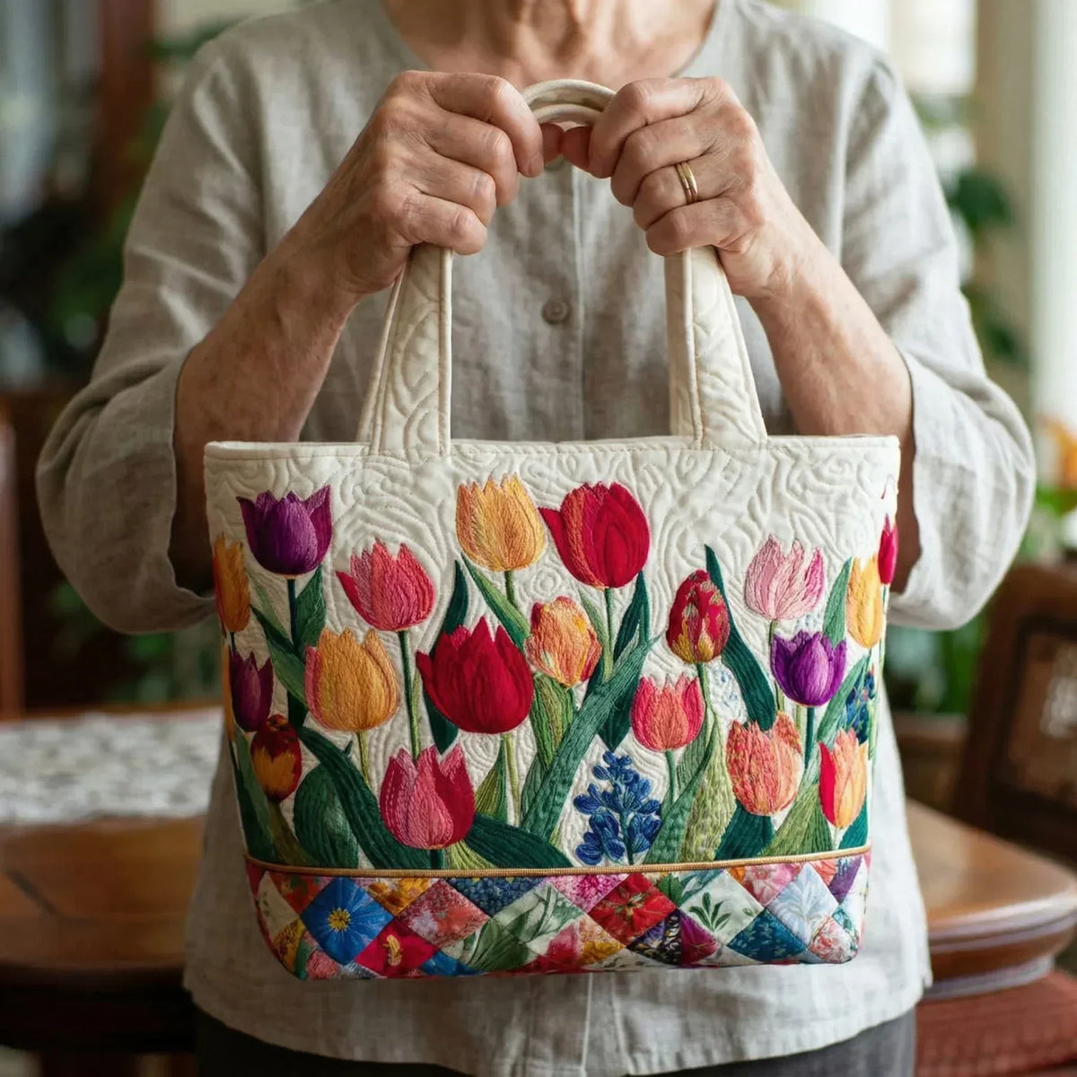 Woman holding the tulip garden tote bag by both handles, front view