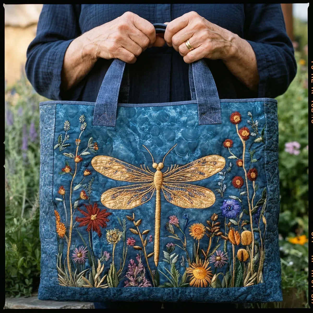 Blue golden dragonfly tote bag held by both handles, close front view