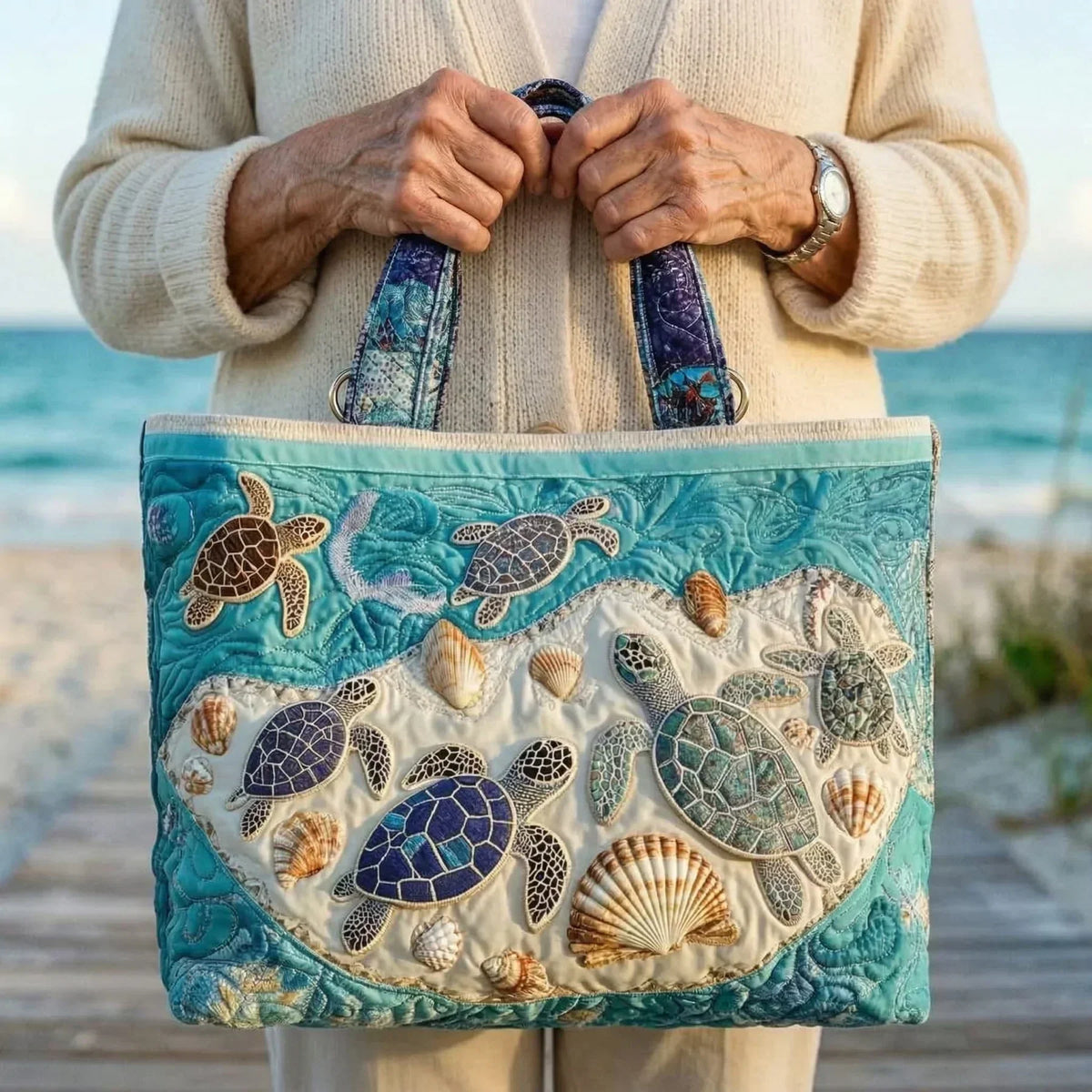 Woman holding the Turtle Love tote bag by its patterned handles on a beach walkway