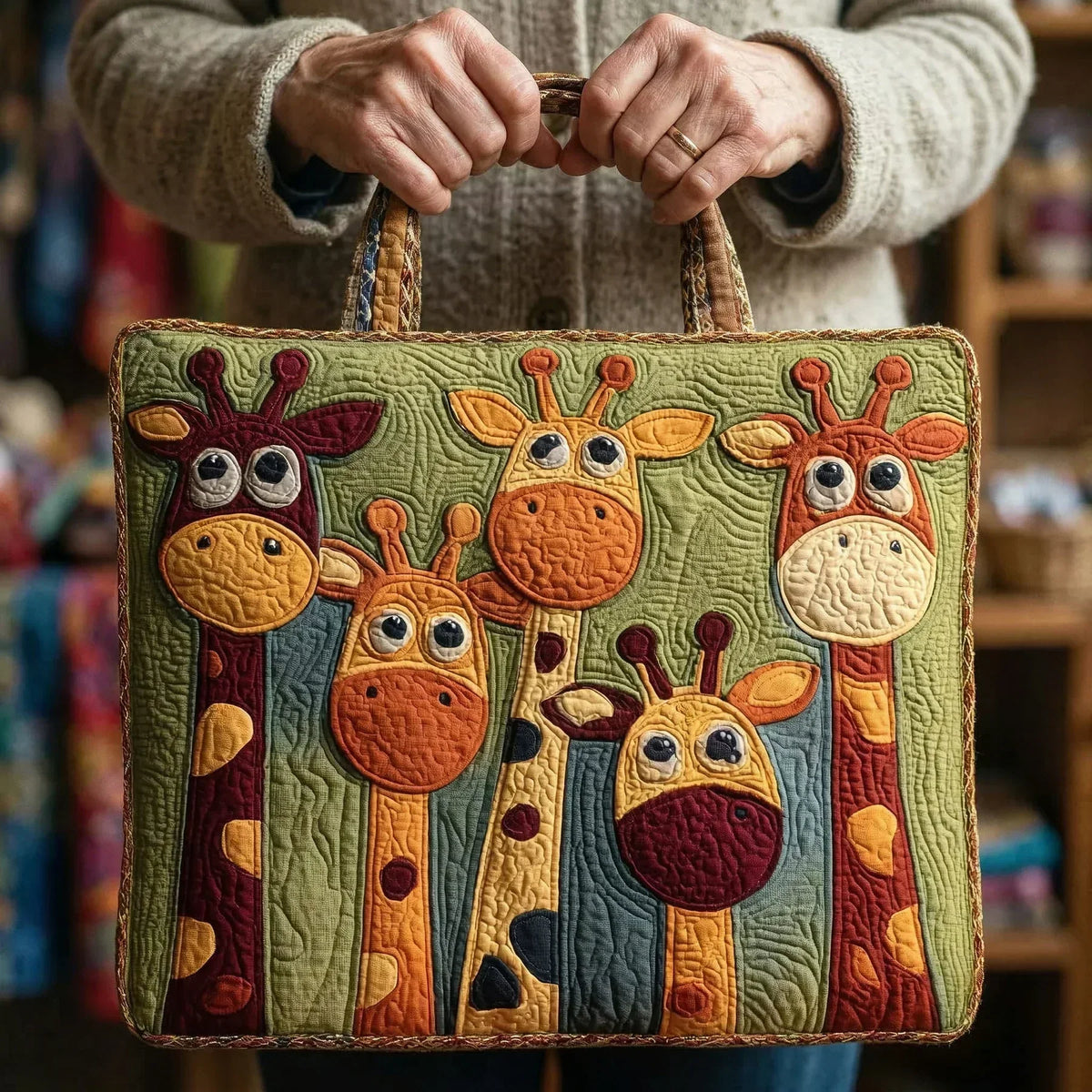 Handcrafted giraffe tote bag held by both top handles, front view