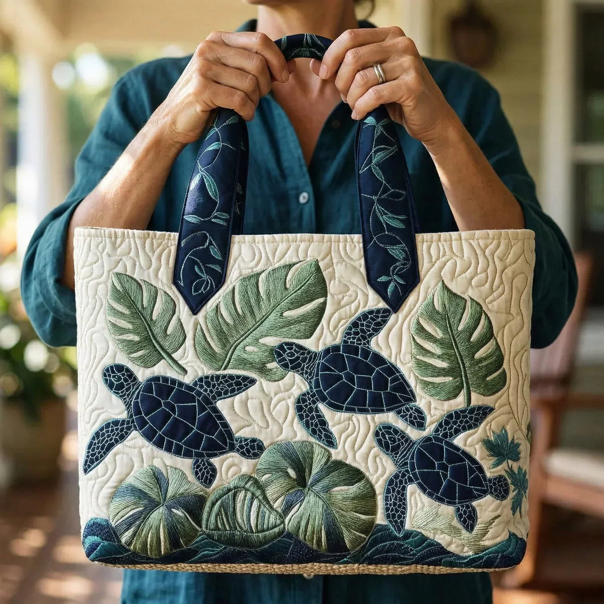 Woman holding the sea turtle tote bag by its navy leaf-print handles