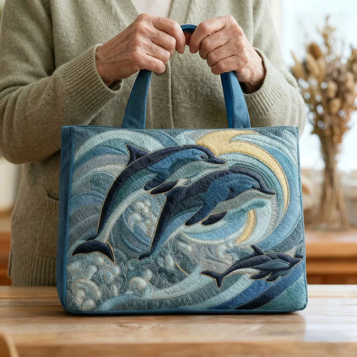 Woman holding the blue ocean dolphin quilted tote bag by both handles