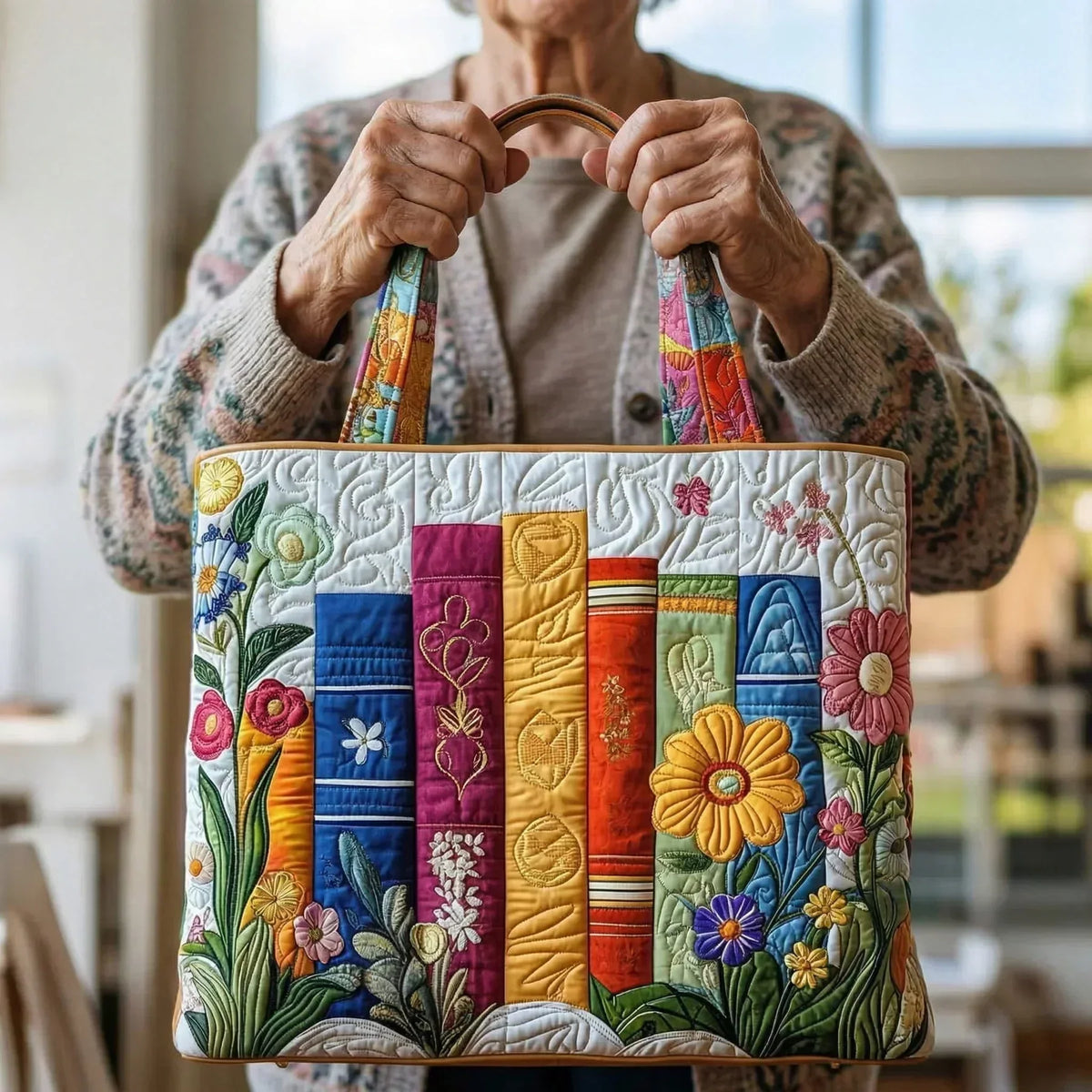 Floral Library tote bag held by both handles, front view close up