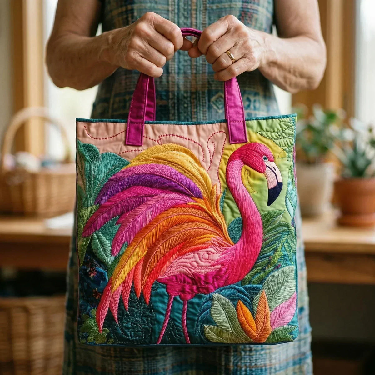 Woman holding the rainbow flamingo tote bag by both pink handles