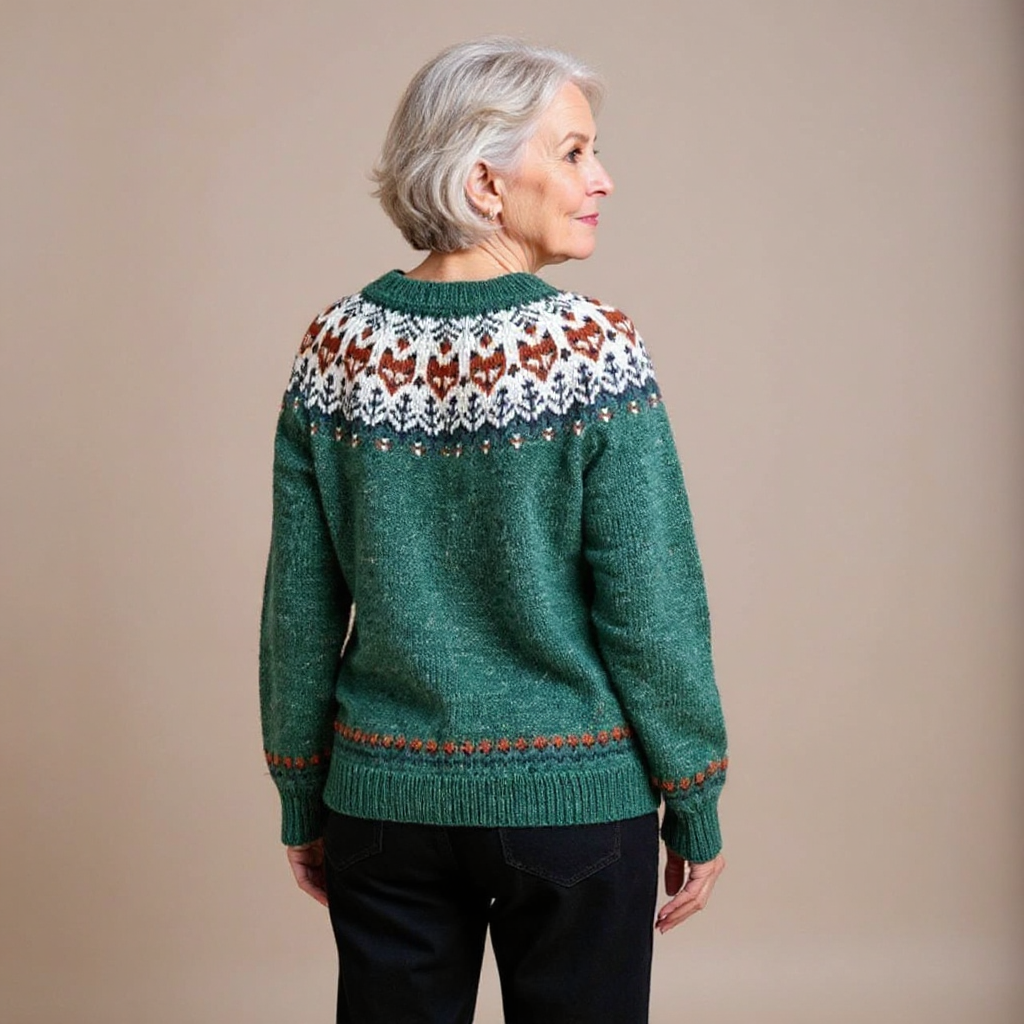 Isla vintage Icelandic cardigan in green, back view of patterned yoke