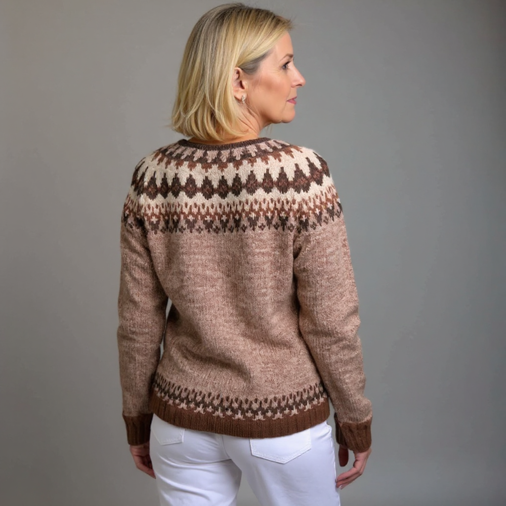 Iris vintage Icelandic cardigan in brown and cream, back view