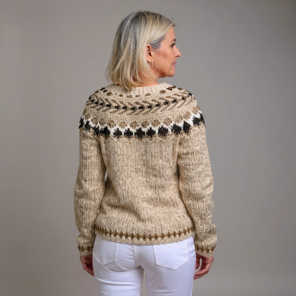 Aubrey vintage Icelandic cardigan in cream, back view showing patterned yoke
