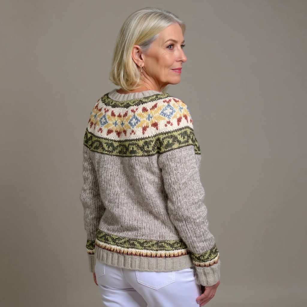 Vintage Icelandic cardigan in cream and green, back view