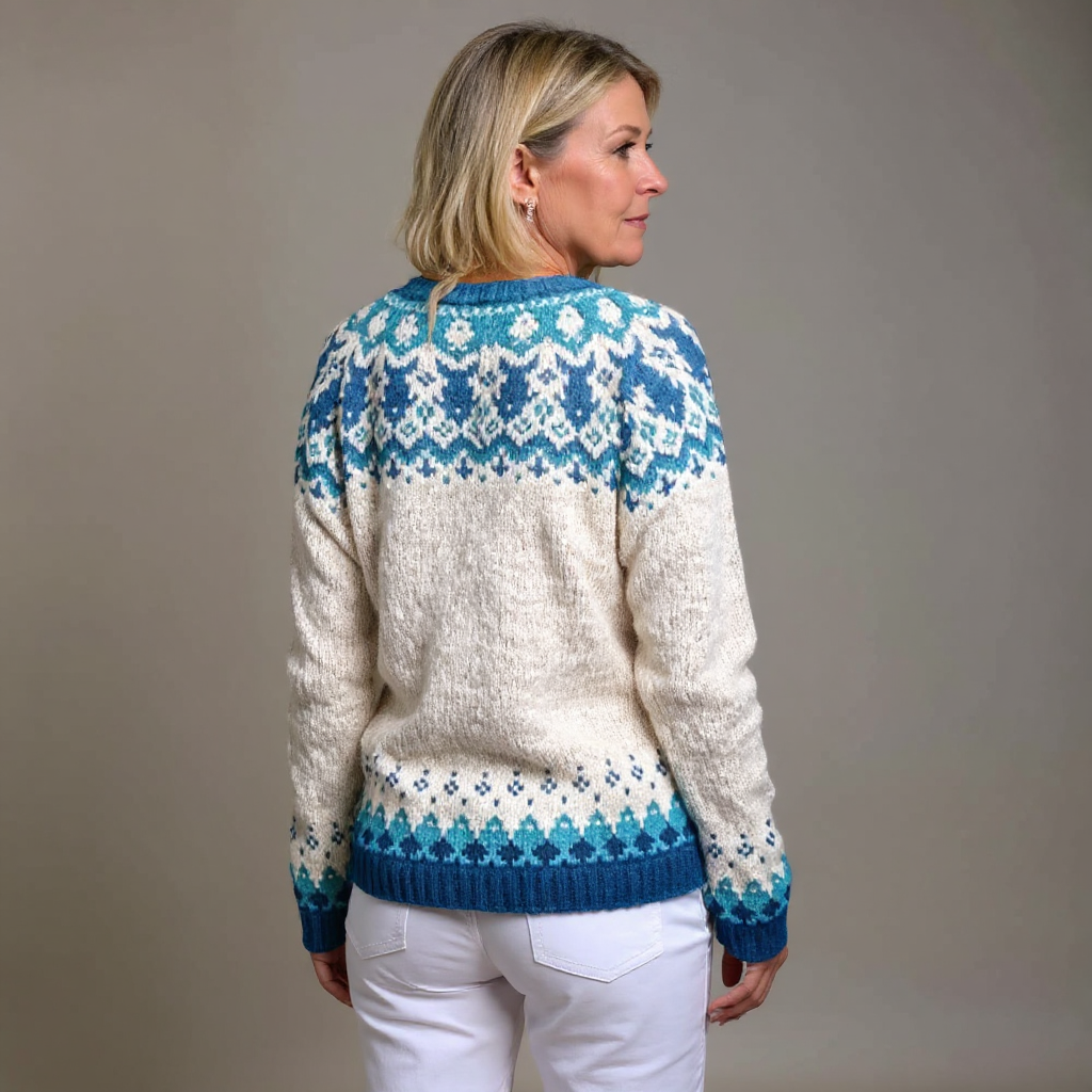 Meva vintage Icelandic cardigan in cream and blue, back view