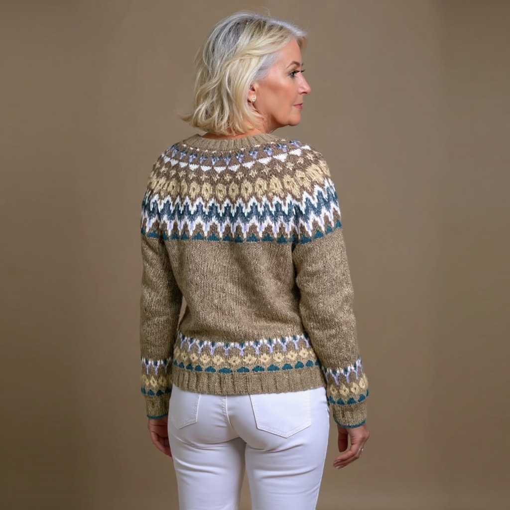 Cleo vintage Icelandic cardigan in beige multi, back view of patterned yoke