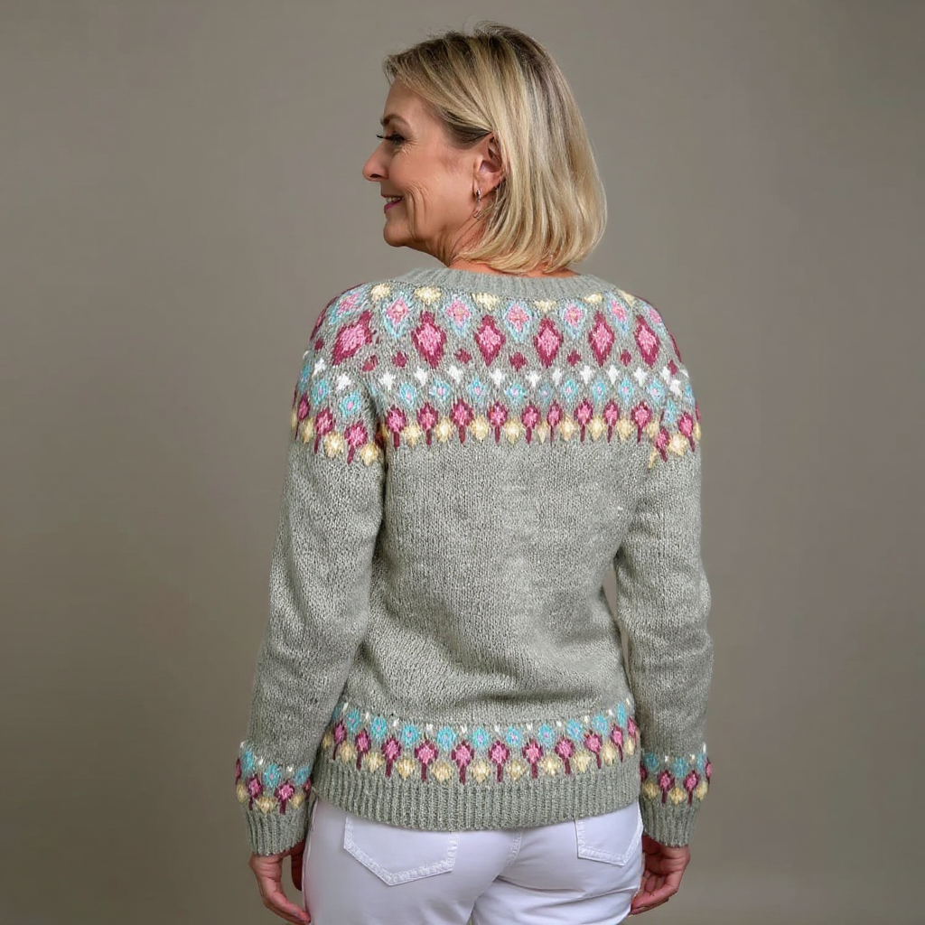 Madeline Icelandic cardigan in sage grey, back view showing patterned yoke