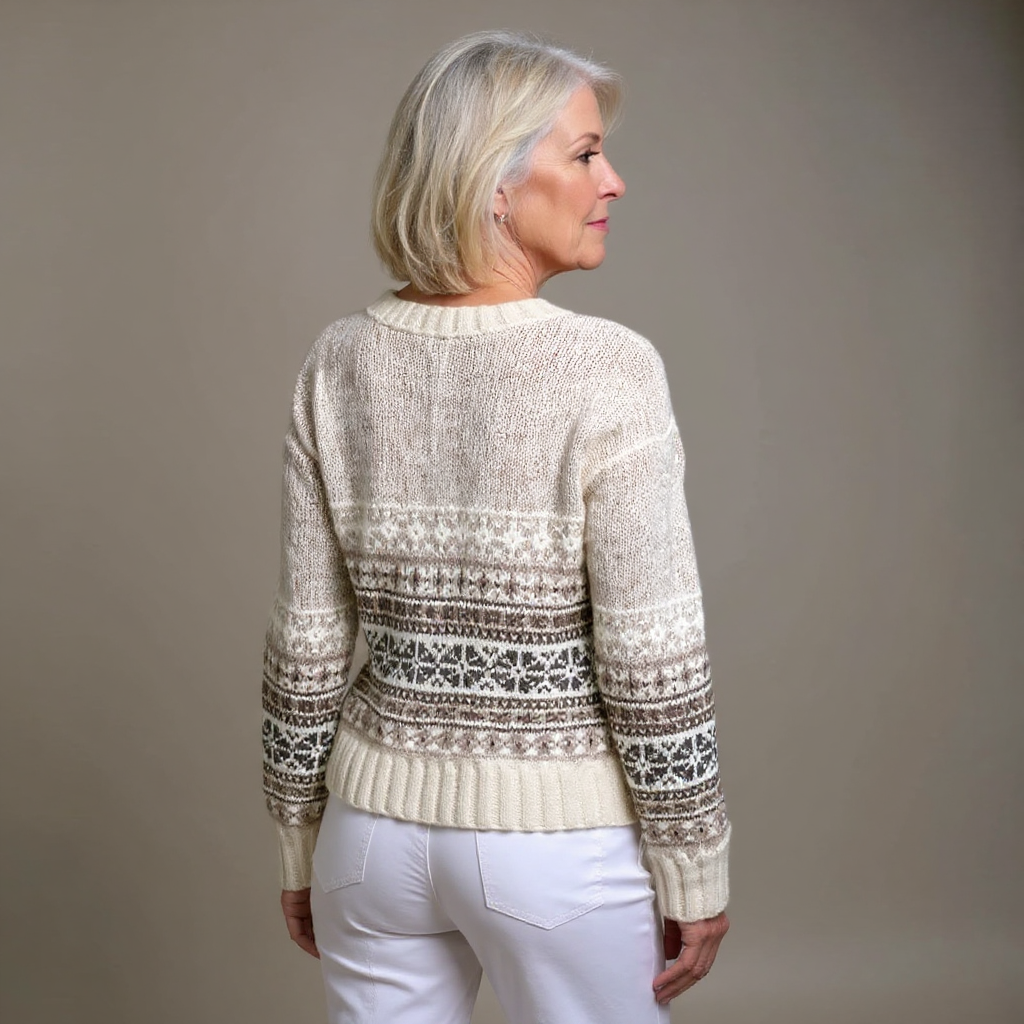 Brielle vintage Icelandic cardigan in cream, back view showing patterned hem