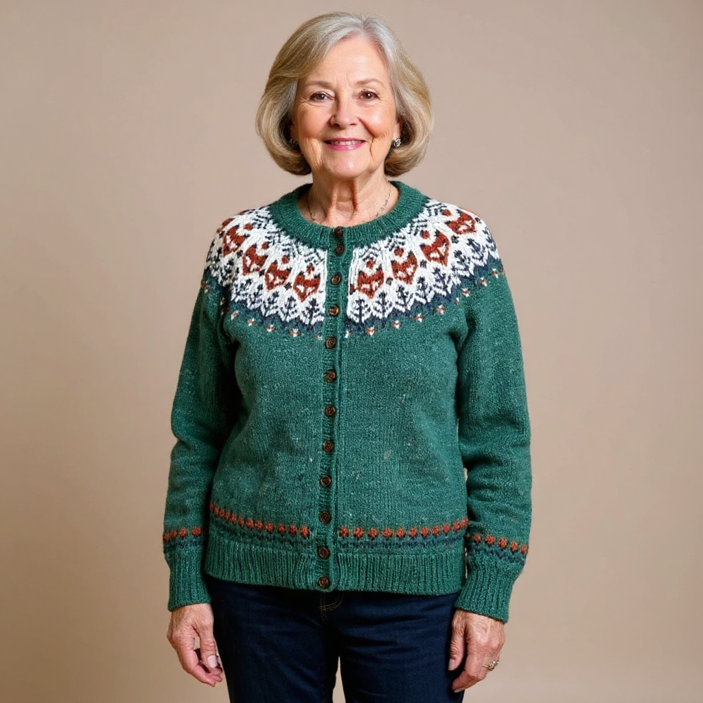 Isla vintage Icelandic cardigan in green, front view worn with jeans