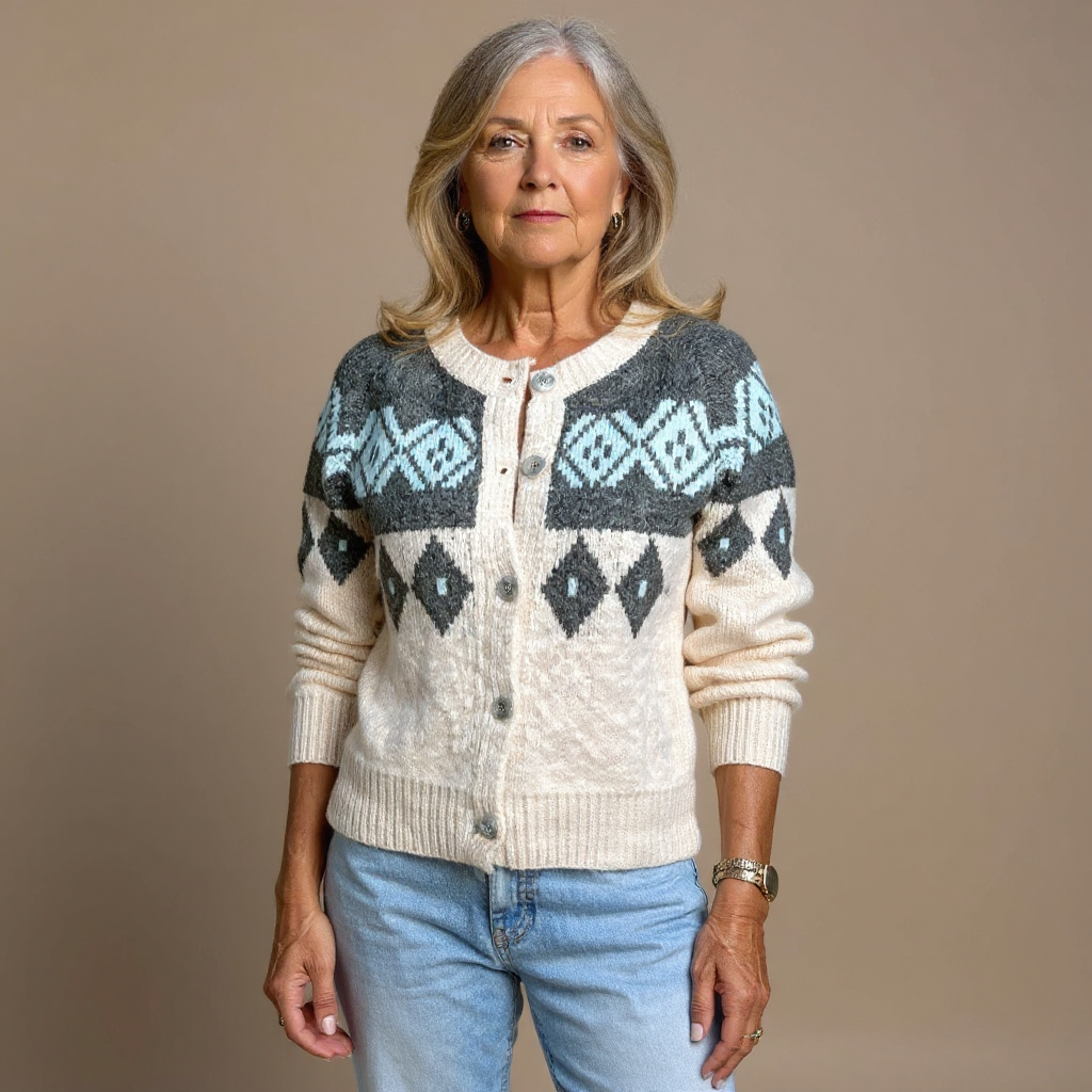 Nora vintage Icelandic cardigan in cream, grey and pale blue, front view