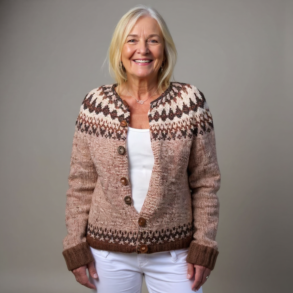 Iris vintage Icelandic cardigan in brown and cream, front view