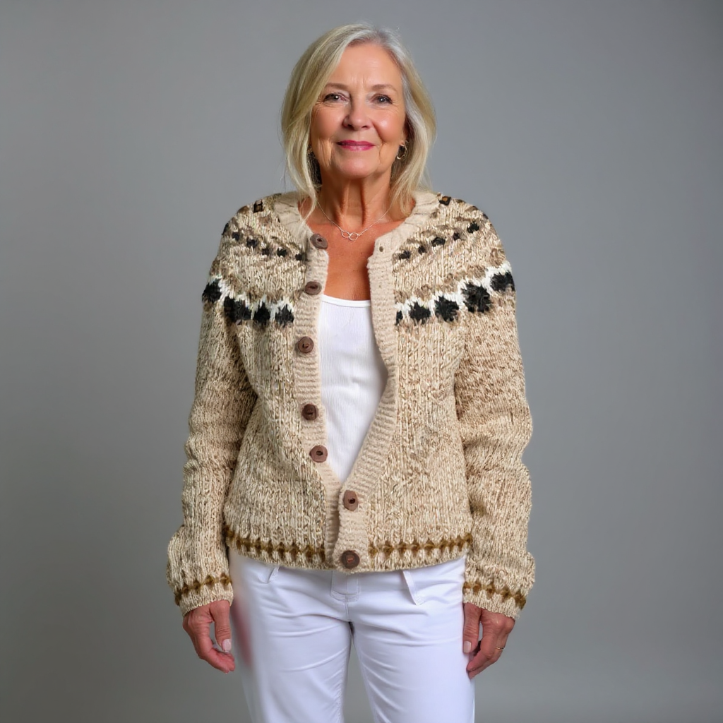 Aubrey vintage Icelandic cardigan in cream, full front view worn open