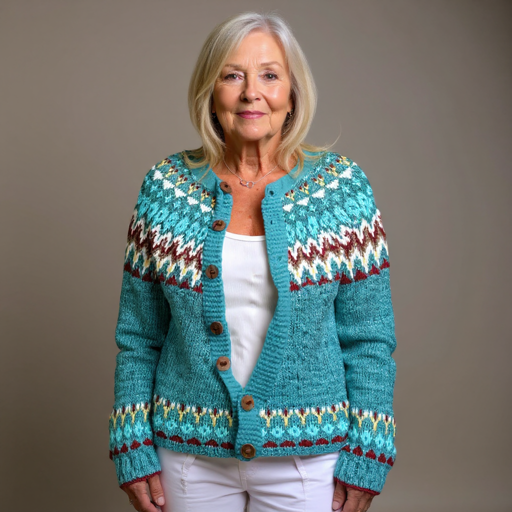 Seraphina vintage Icelandic cardigan in teal, full front view with patterned yoke