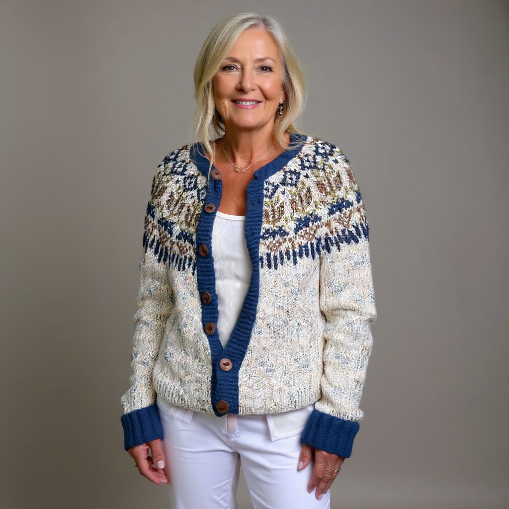 Harper vintage Icelandic cardigan in cream and blue, full front view