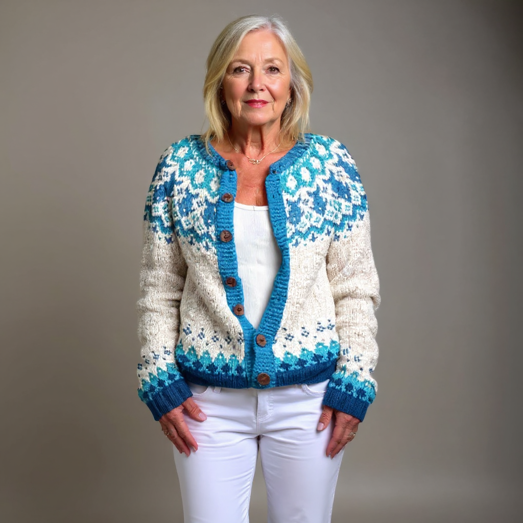 Meva vintage Icelandic cardigan in cream and blue, full front view