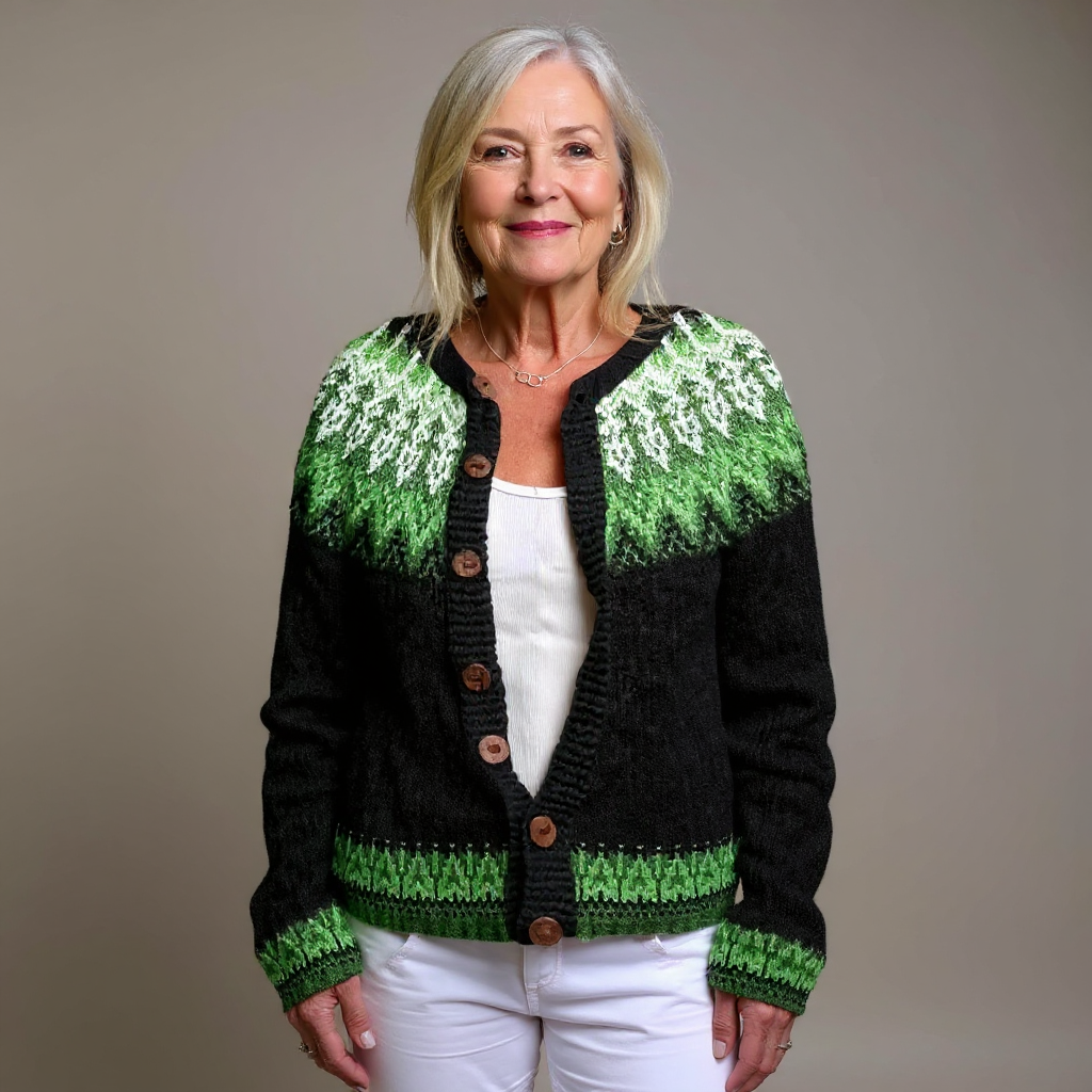 Sada vintage Icelandic cardigan in black with green and white yoke, front view