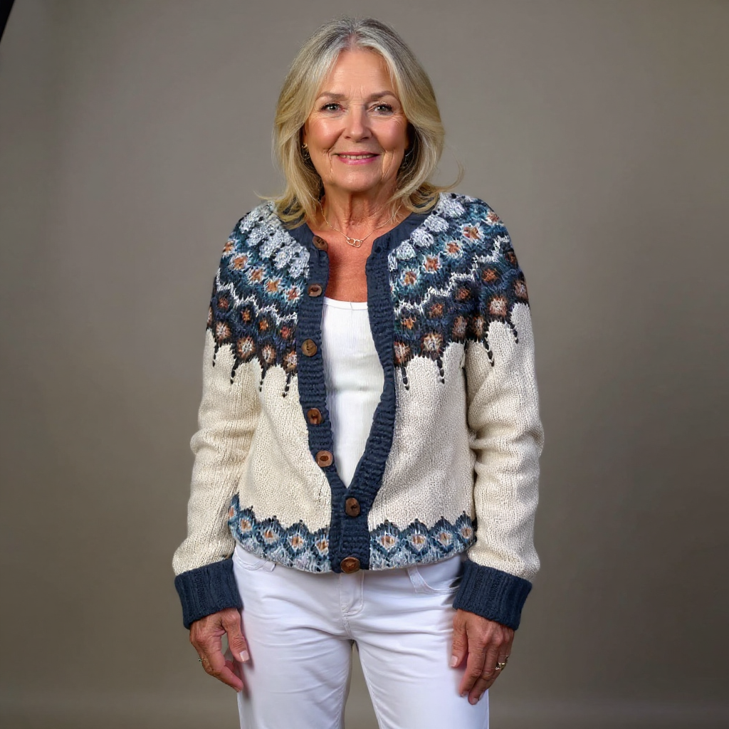 Kara vintage Icelandic cardigan in cream with blue patterned yoke, front view